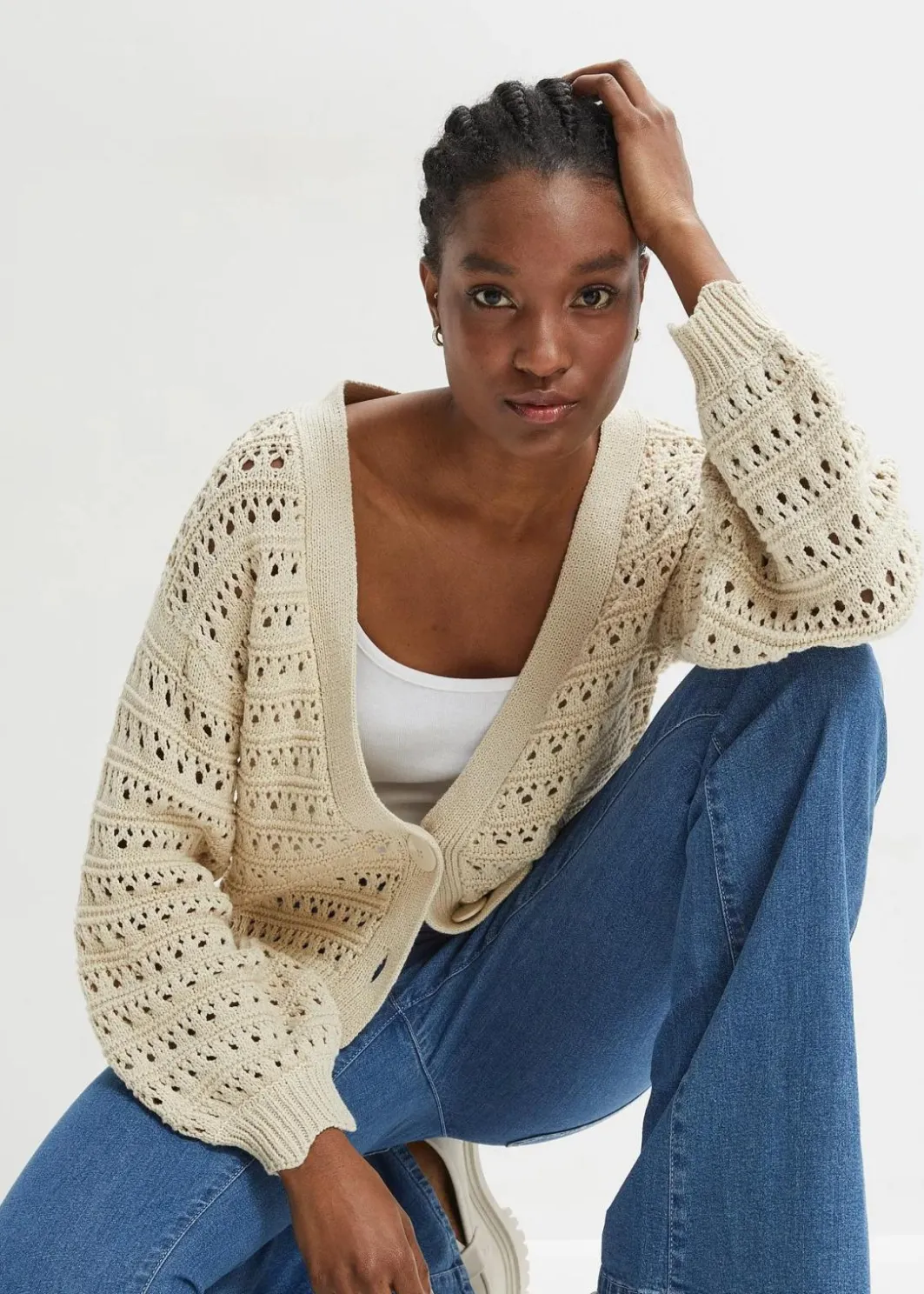 Online Ajour-Strickjacke aus reiner Baumwolle Damen Strickmode|Pullover & Strickjacken