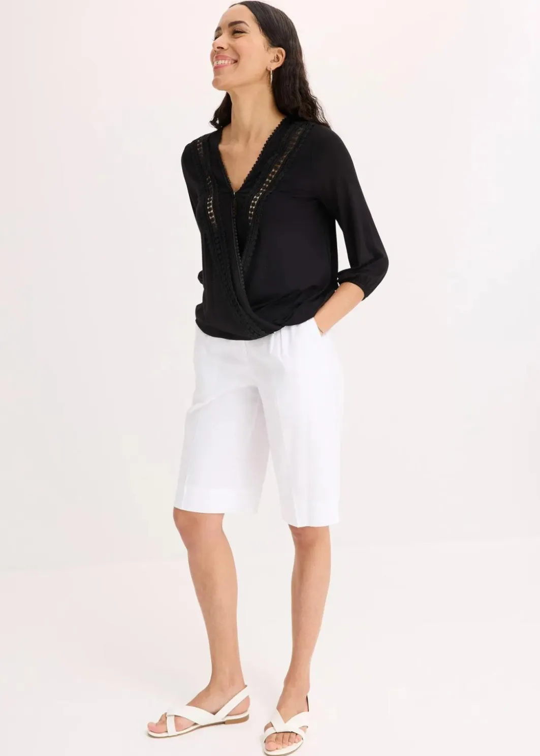 Clearance 3/4-Arm Shirt mit Spitze in Wickeloptik Damen Shirts & Tops