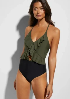 Damen bonprix Nachhaltigere Materialien|Badeanzüge|Badeanzug mit Cut-Out und Volants