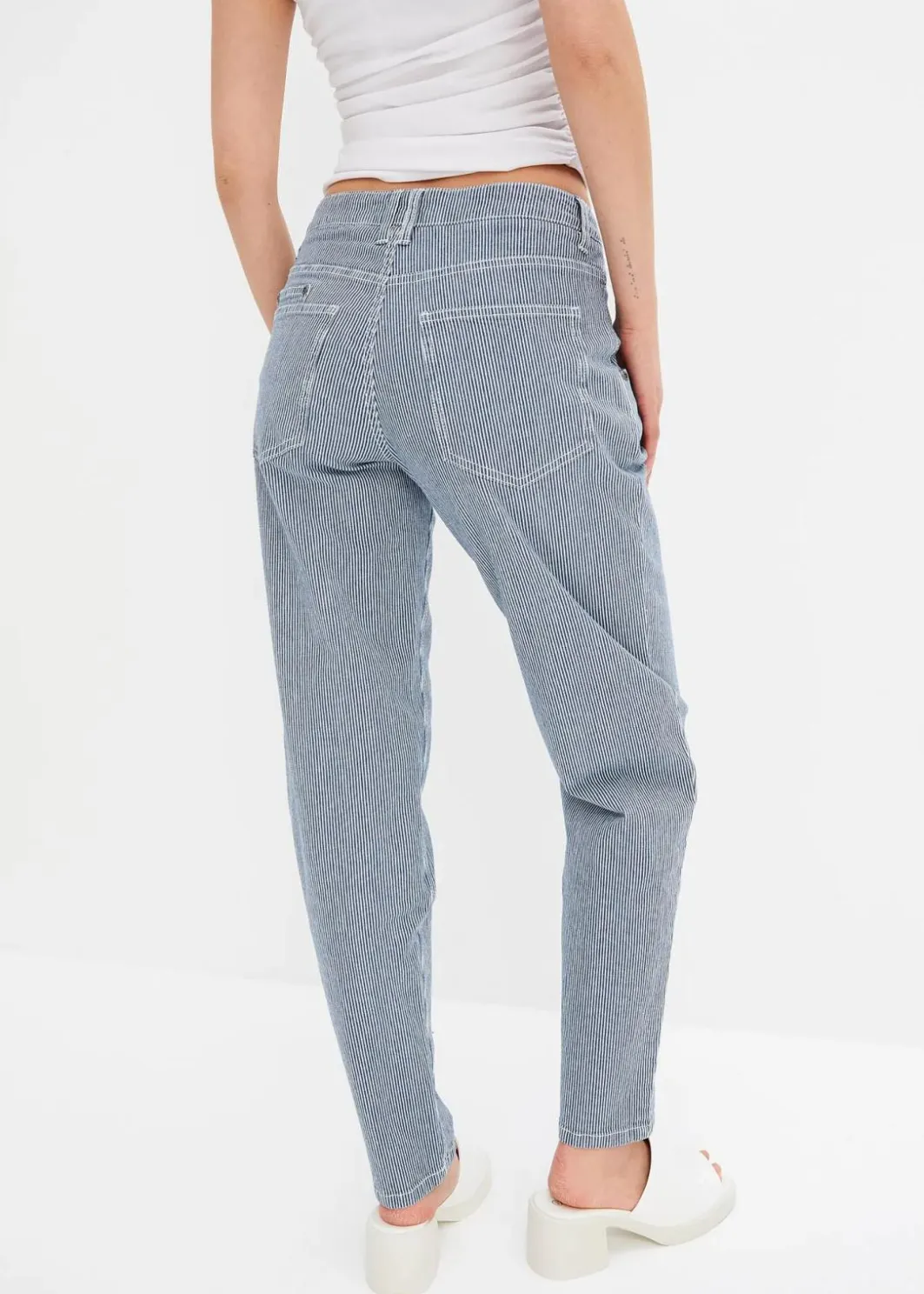 Damen bonprix Bekleidung·Shirts & Tops|Jeans|Barrel-Jeans, Mid Waist, gestreift