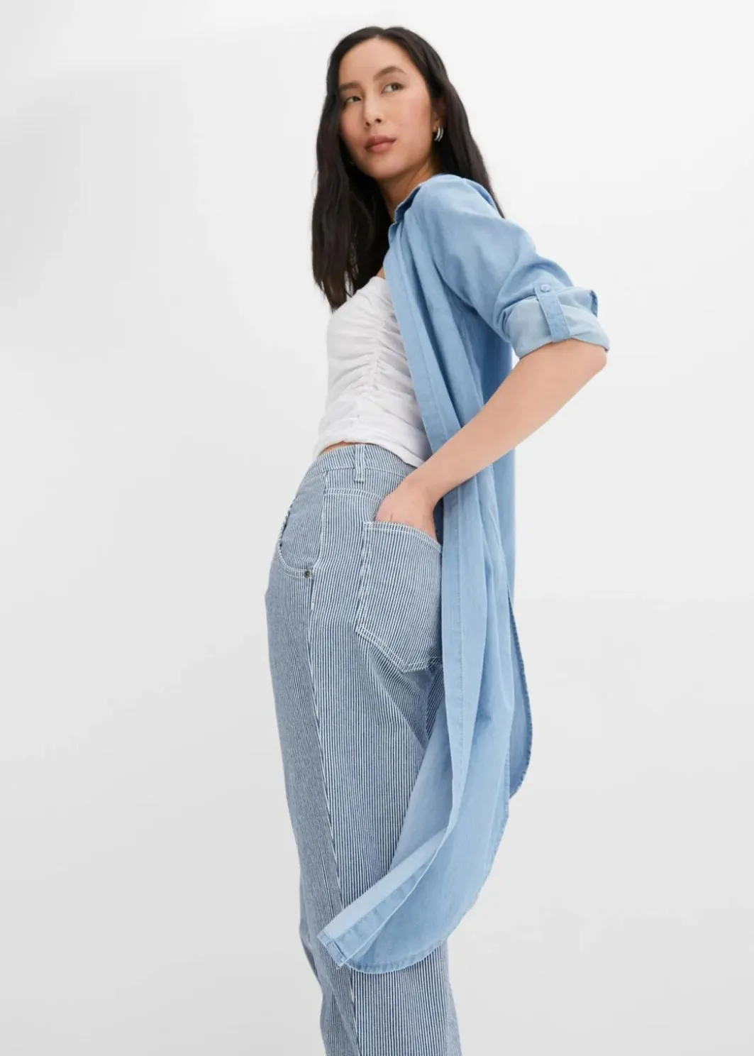 Damen bonprix Bekleidung·Shirts & Tops|Jeans|Barrel-Jeans, Mid Waist, gestreift