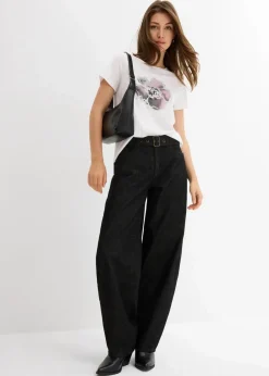 Damen bonprix Kurzgrößen|Bekleidung·Shirts & Tops|Barrel-Jeans Mid Waist mit Gürtel