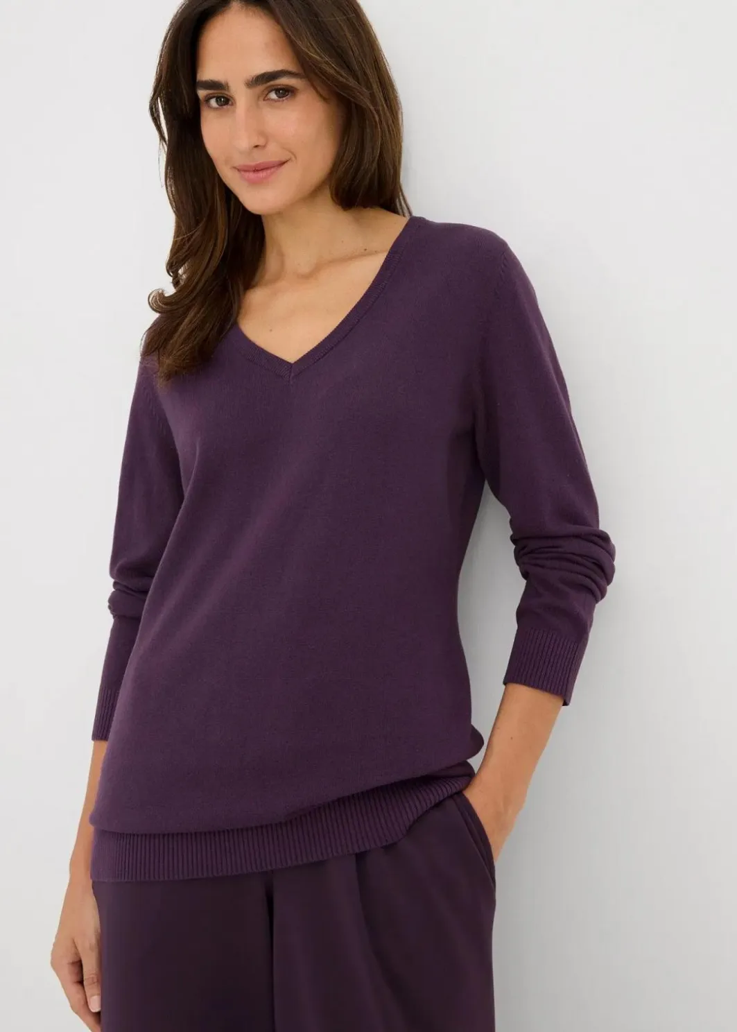 Discount Basic Longpullover mit V-Ausschnitt Damen Strickmode|Pullover & Strickjacken