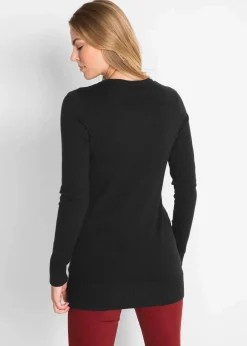 Online Basic Longpullover mit V-Ausschnitt Damen Strickmode|Pullover & Strickjacken
