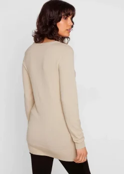 Damen bonprix Strickmode|Pullover & Strickjacken|Basic Longpullover mit V-Ausschnitt