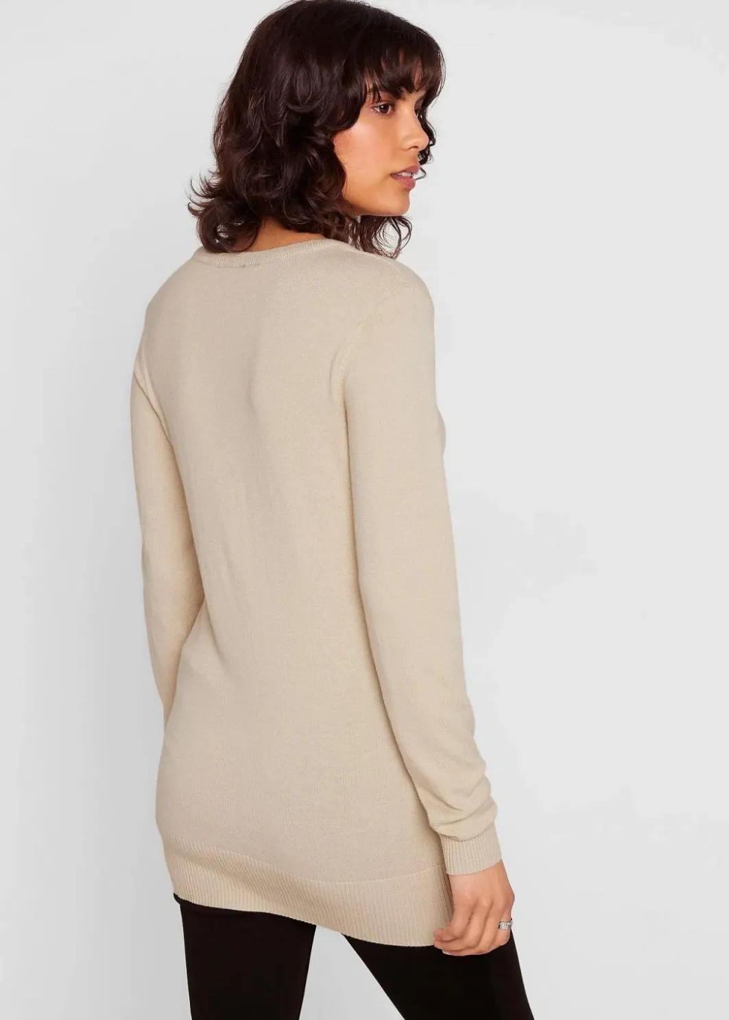 Damen bonprix Strickmode|Pullover & Strickjacken|Basic Longpullover mit V-Ausschnitt