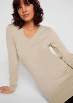 Damen bonprix Strickmode|Pullover & Strickjacken|Basic Longpullover mit V-Ausschnitt