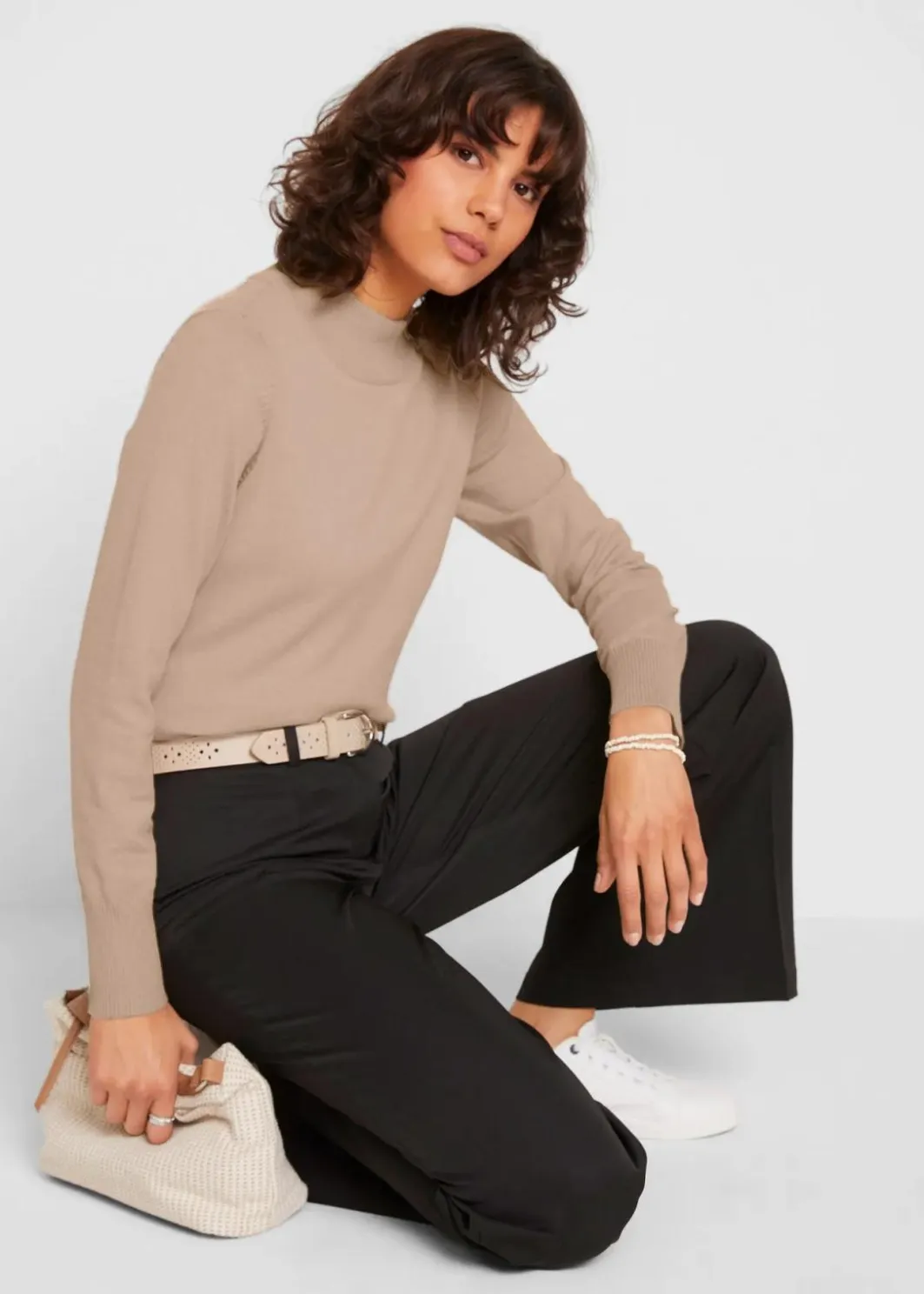 Damen bonprix Pullover & Strickjacken|Basics|Basic Pullover mit Stehkragen mit recycelter Baumwolle