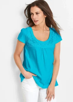 Damen bonprix Shirts & Tops|Nachhaltigere Materialien|Baumwoll Shirt mit Spitze, Kurzarm