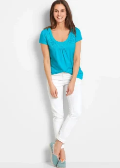 Damen bonprix Shirts & Tops|Nachhaltigere Materialien|Baumwoll Shirt mit Spitze, Kurzarm