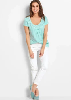 Outlet Baumwoll Shirt mit Spitze, Kurzarm Damen Nachhaltigere Materialien|Shirts & Tops