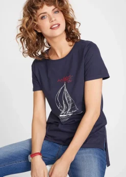 Sale Baumwoll T-Shirt mit Seitenschlitz und Druck Damen Nachhaltigere Materialien|Shirts & Tops