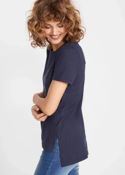Sale Baumwoll T-Shirt mit Seitenschlitz und Druck Damen Nachhaltigere Materialien|Shirts & Tops