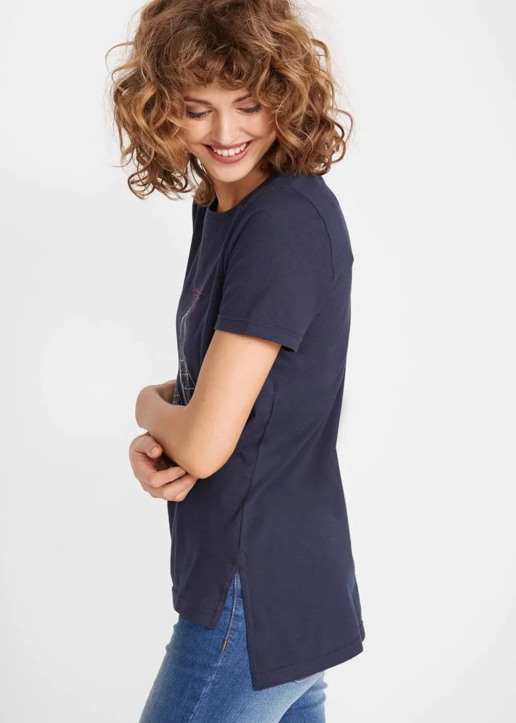 Sale Baumwoll T-Shirt mit Seitenschlitz und Druck Damen Nachhaltigere Materialien|Shirts & Tops
