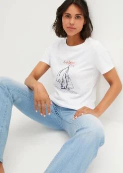 Sale Baumwoll T-Shirt mit Seitenschlitz und Druck Damen Shirts & Tops|Nachhaltigere Materialien