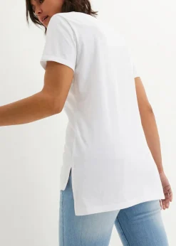 Sale Baumwoll T-Shirt mit Seitenschlitz und Druck Damen Shirts & Tops|Nachhaltigere Materialien