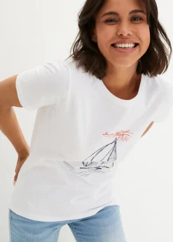 Sale Baumwoll T-Shirt mit Seitenschlitz und Druck Damen Shirts & Tops|Nachhaltigere Materialien