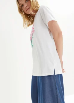Outlet Baumwoll-Shirt mit Druck, Kurzarm Damen Shirts & Tops|Nachhaltigere Materialien