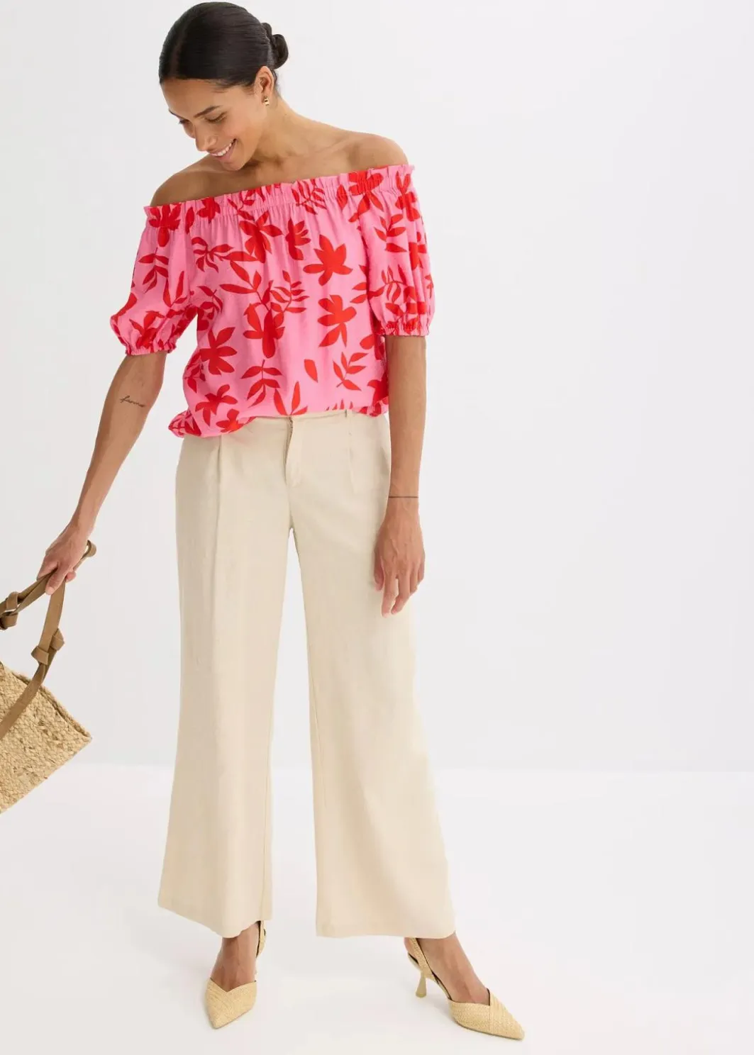 Damen bonprix Bekleidung·Jacken & Mäntel|Blusen & Tuniken|bedruckte Carmenbluse aus feinem Viskose-Mix