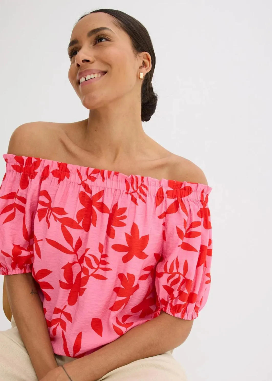 Damen bonprix Bekleidung·Jacken & Mäntel|Blusen & Tuniken|bedruckte Carmenbluse aus feinem Viskose-Mix