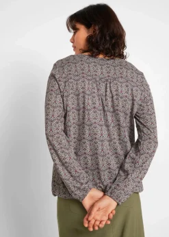 Bedrucktes Langarmshirt mit Henley-Kragen Damen Shirts & Tops