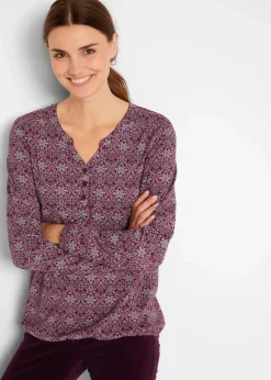 Discount Bedrucktes Langarmshirt mit Henley-Kragen Damen Shirts & Tops