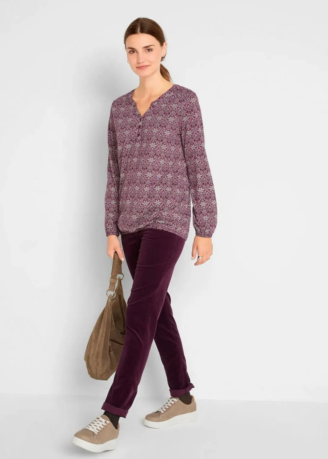 Discount Bedrucktes Langarmshirt mit Henley-Kragen Damen Shirts & Tops