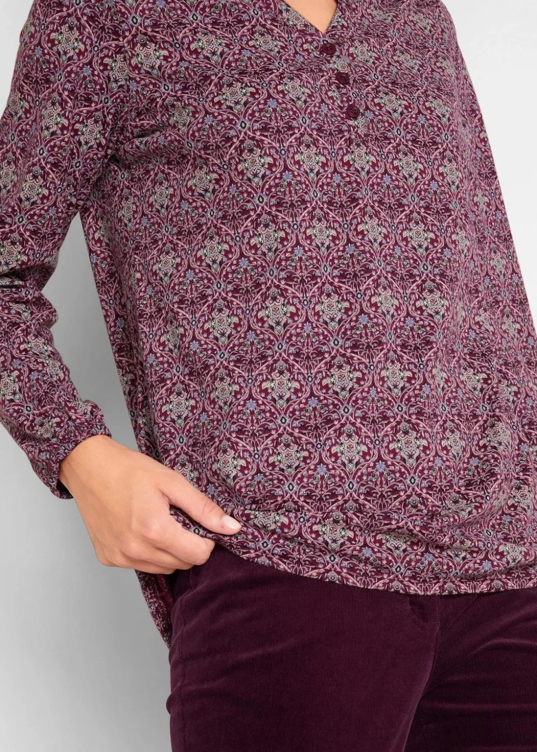 Discount Bedrucktes Langarmshirt mit Henley-Kragen Damen Shirts & Tops