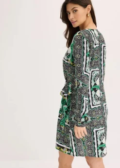 Damen bonprix Bekleidung·Pullover & Strickjacken|Kleider|bedrucktes Satin-Wickelkleid