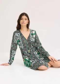 Damen bonprix Bekleidung·Pullover & Strickjacken|Kleider|bedrucktes Satin-Wickelkleid