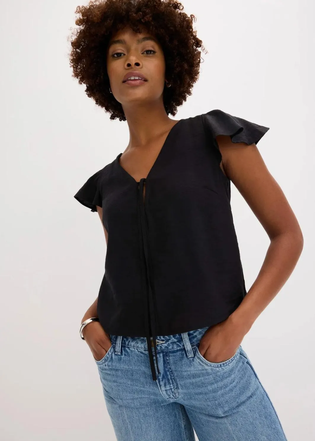 Damen bonprix Zweiteiler & Sets|Blusen & Tuniken|Bluse mit Volantärmeln in Glanzoptik