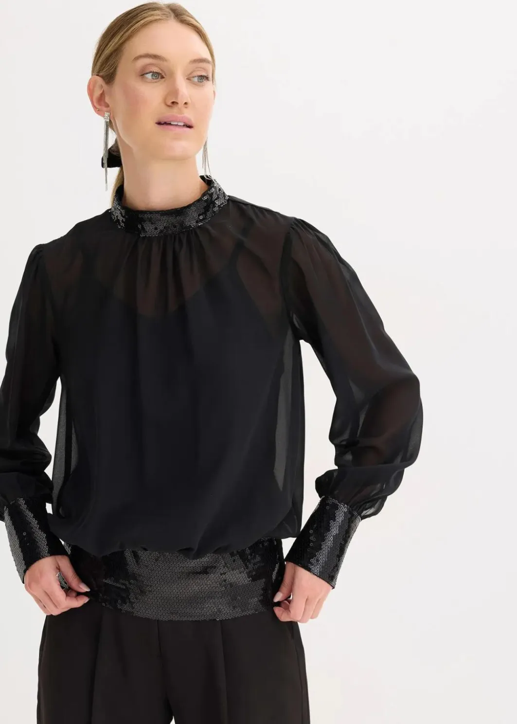 New Blusenshirt aus feinem Tüll mit Pailletten Damen Bekleidung·Jacken & Mäntel|Festliche Mode