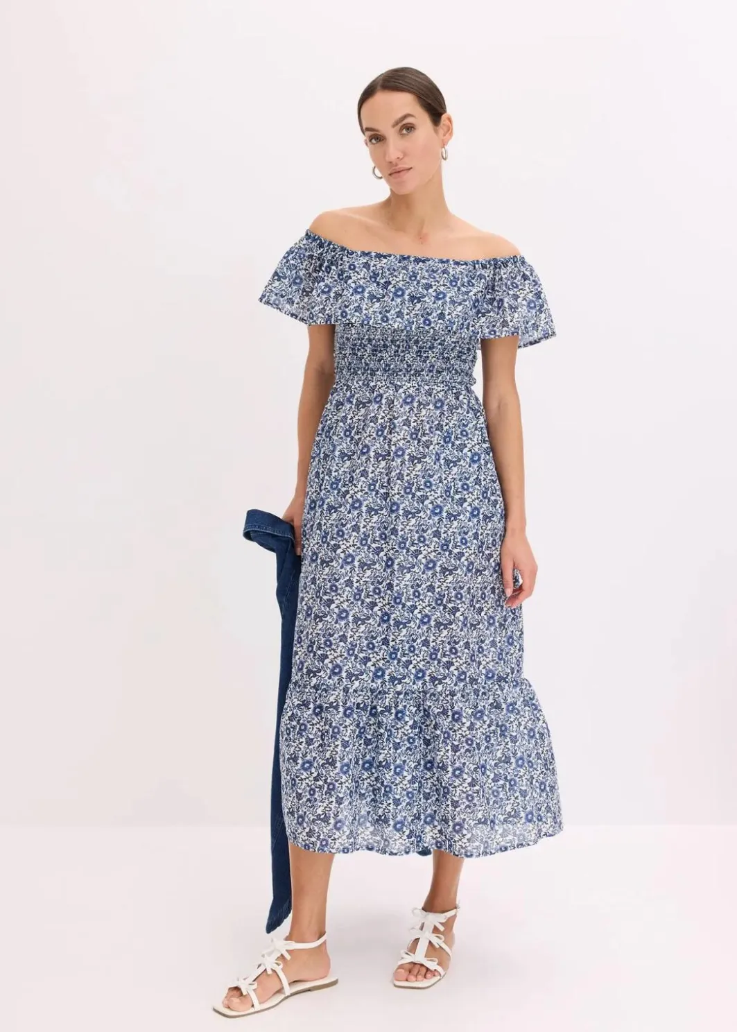 Hot Boho-Midikleid mit Carmenausschnitt aus leichter Baumwolle Damen Kleider