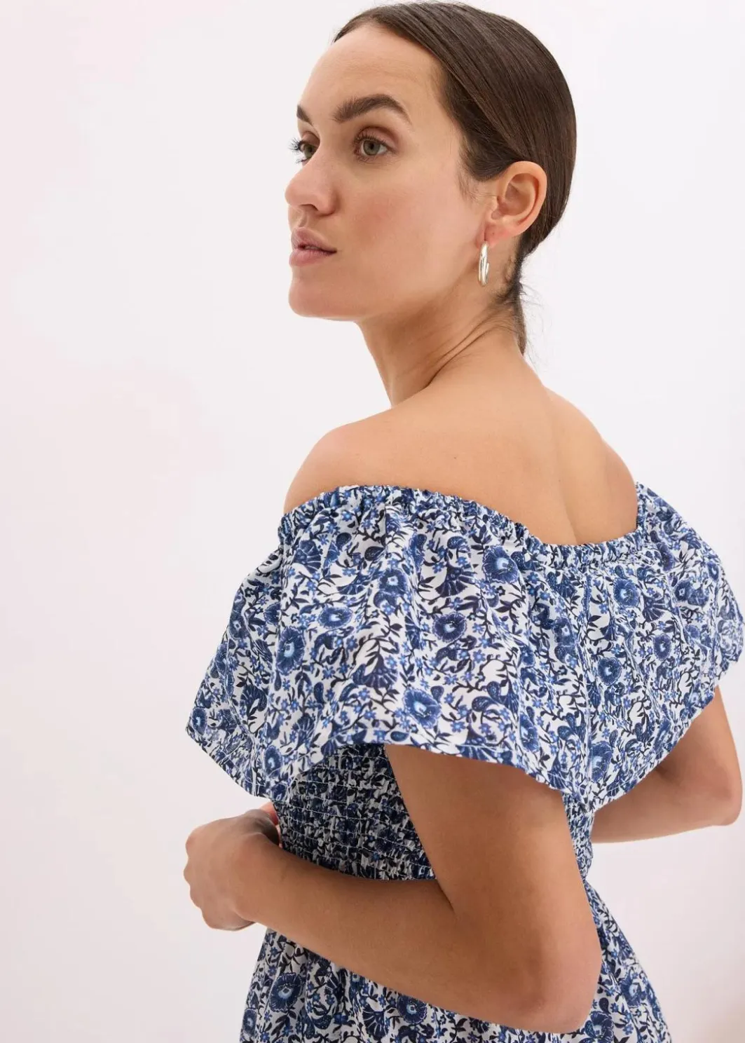 Hot Boho-Midikleid mit Carmenausschnitt aus leichter Baumwolle Damen Kleider