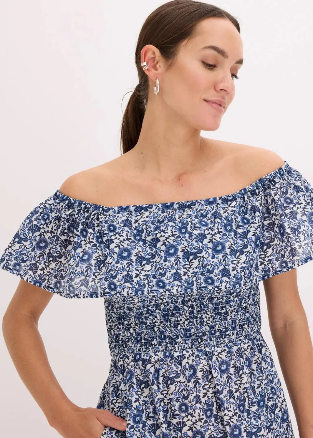 Hot Boho-Midikleid mit Carmenausschnitt aus leichter Baumwolle Damen Kleider