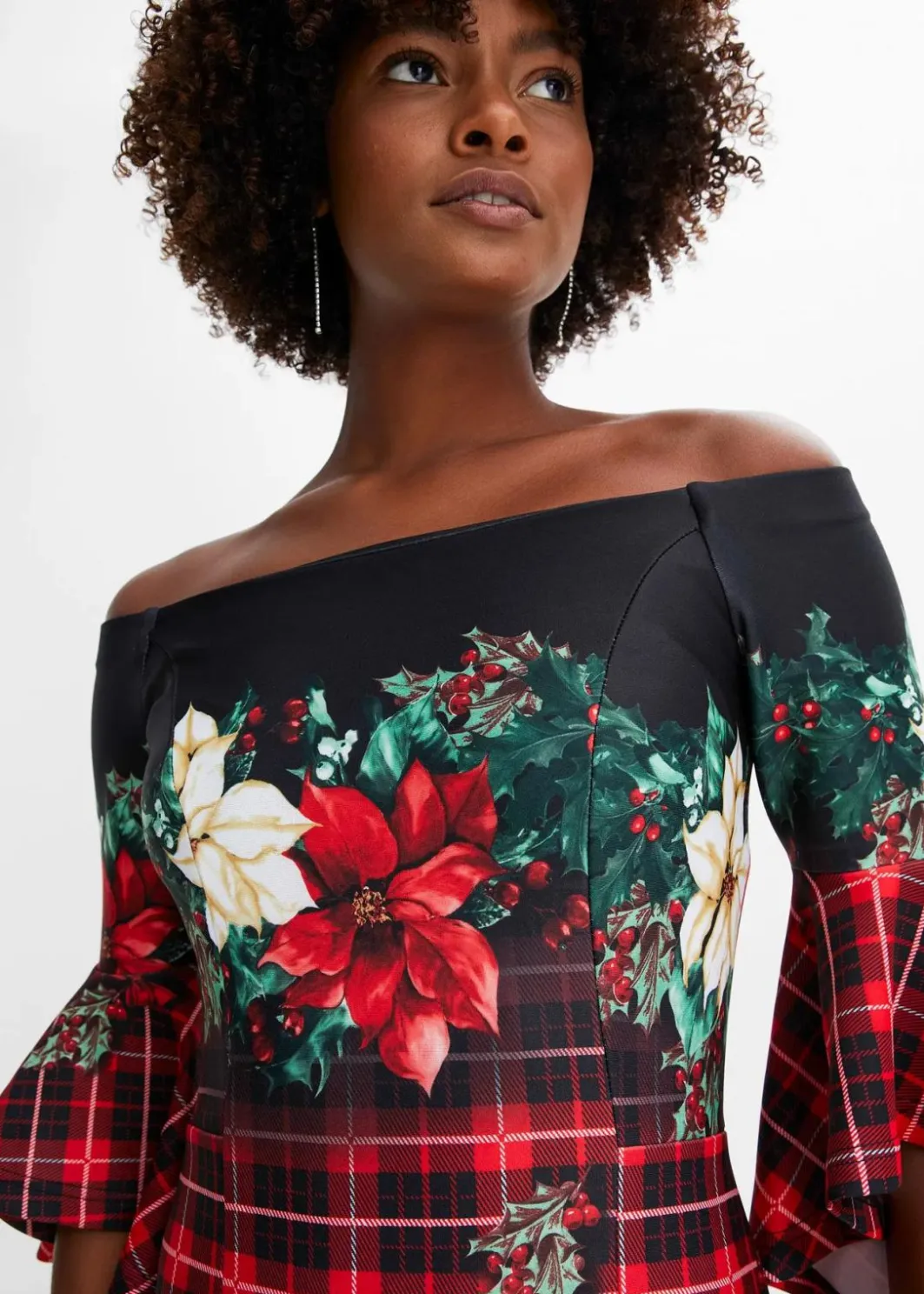Damen bonprix Bekleidung·Pullover & Strickjacken|Kleider|Carmen-Kleid aus fester Scuba-Qualität mit Weichnachtsmotiv