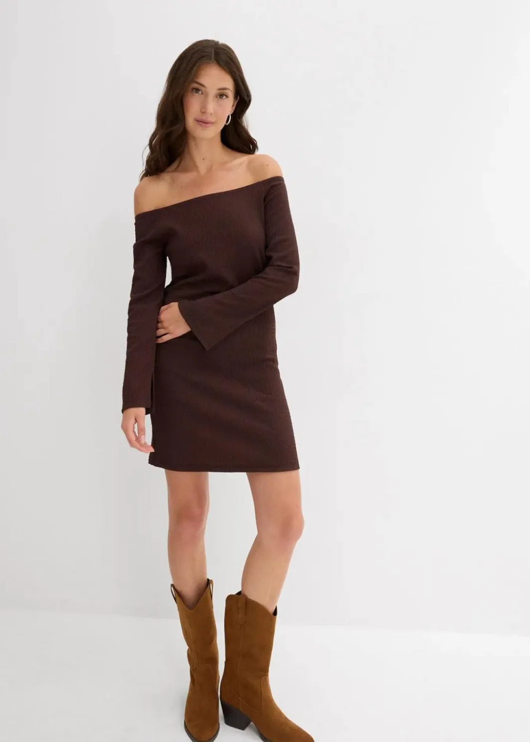 Outlet Carmen-Kleid aus strukturiertem Crêpe Damen Kleider|Nachhaltigere Materialien