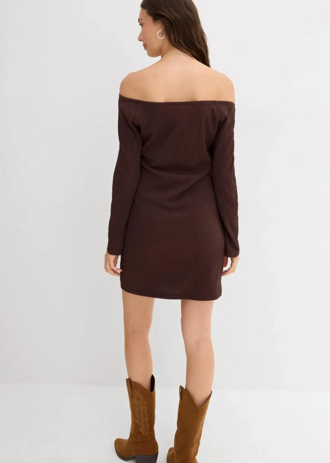 Outlet Carmen-Kleid aus strukturiertem Crêpe Damen Kleider|Nachhaltigere Materialien