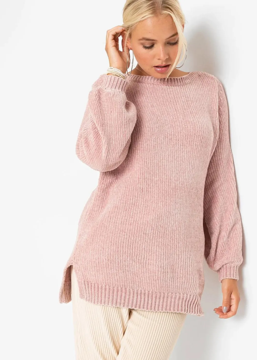 Damen bonprix Pullover & Strickjacken|Nachhaltigere Materialien|Chenille-Longpullover