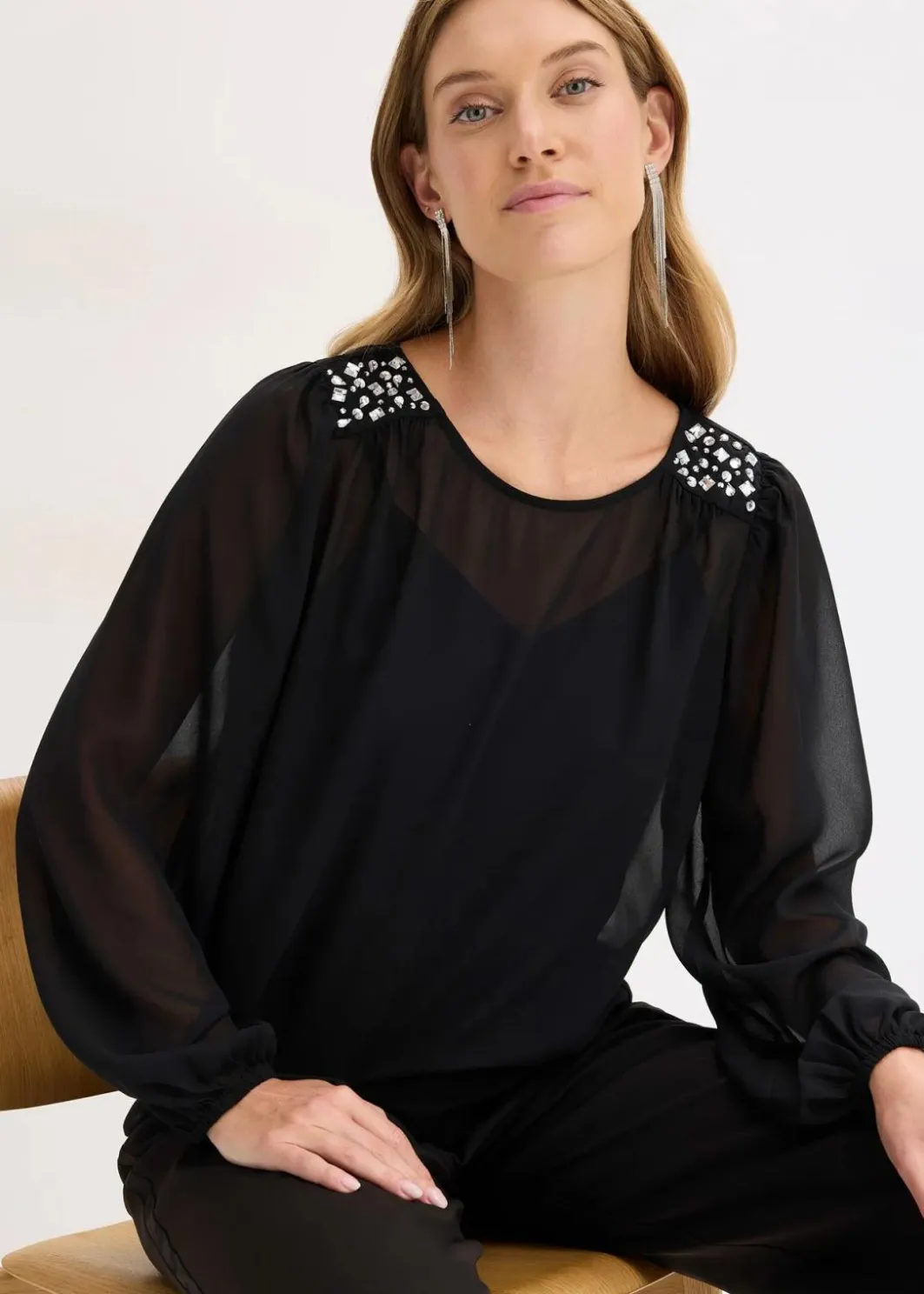 Damen bonprix Bekleidung·Jacken & Mäntel|Festliche Mode|Chiffonbluse mit Strasssteinverzierung