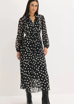 Online Chiffonkleid mit Kontrast-Pipings Damen Bekleidung·Pullover & Strickjacken|Kleider
