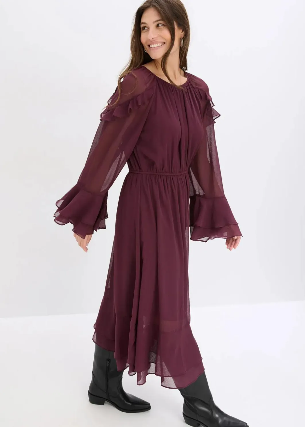 Damen bonprix Bekleidung·Pullover & Strickjacken|Chiffonkleid mit Volants