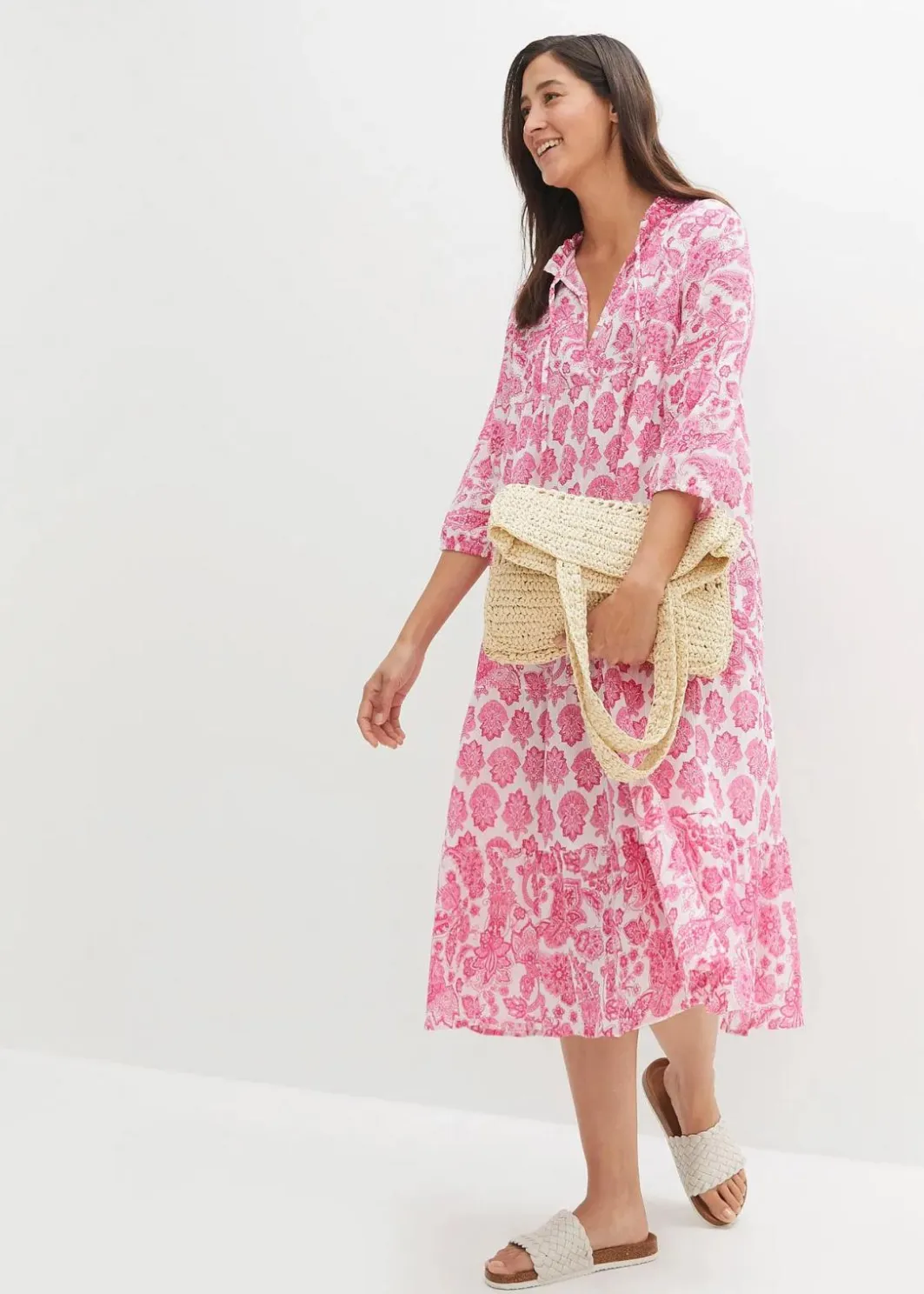 Online Crincle-Web-Baumwollmidikleid mit Taschen und 3/4- Arm Damen Bekleidung·Pullover & Strickjacken|Kleider