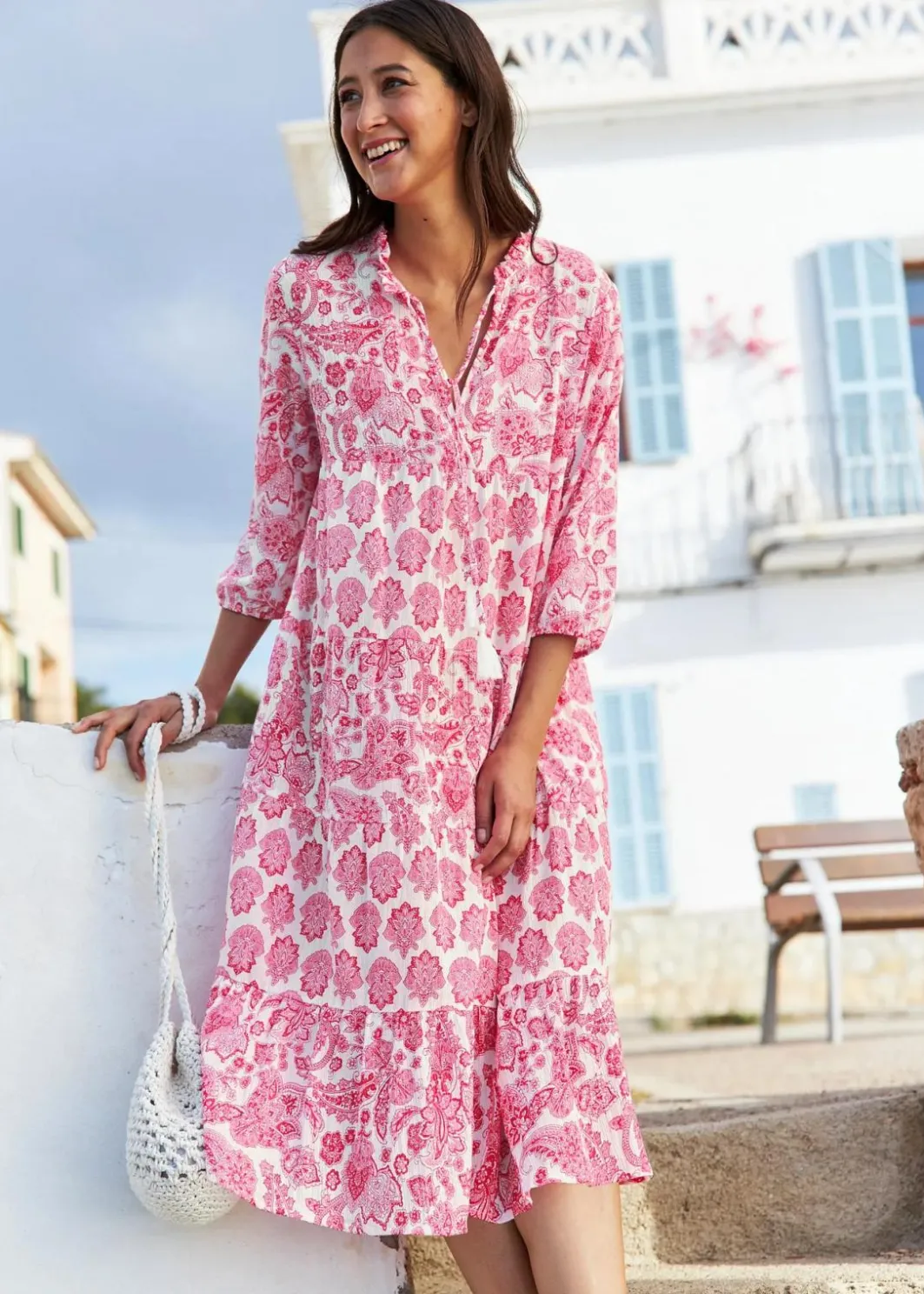 Online Crincle-Web-Baumwollmidikleid mit Taschen und 3/4- Arm Damen Bekleidung·Pullover & Strickjacken|Kleider
