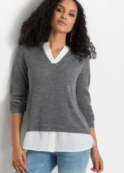 Damen bonprix Pullover & Strickjacken|Bekleidung·Jeans|Feinstrickpullover mit Bluseneinsatz