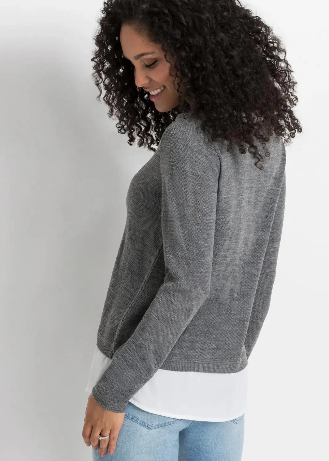 Damen bonprix Pullover & Strickjacken|Bekleidung·Jeans|Feinstrickpullover mit Bluseneinsatz
