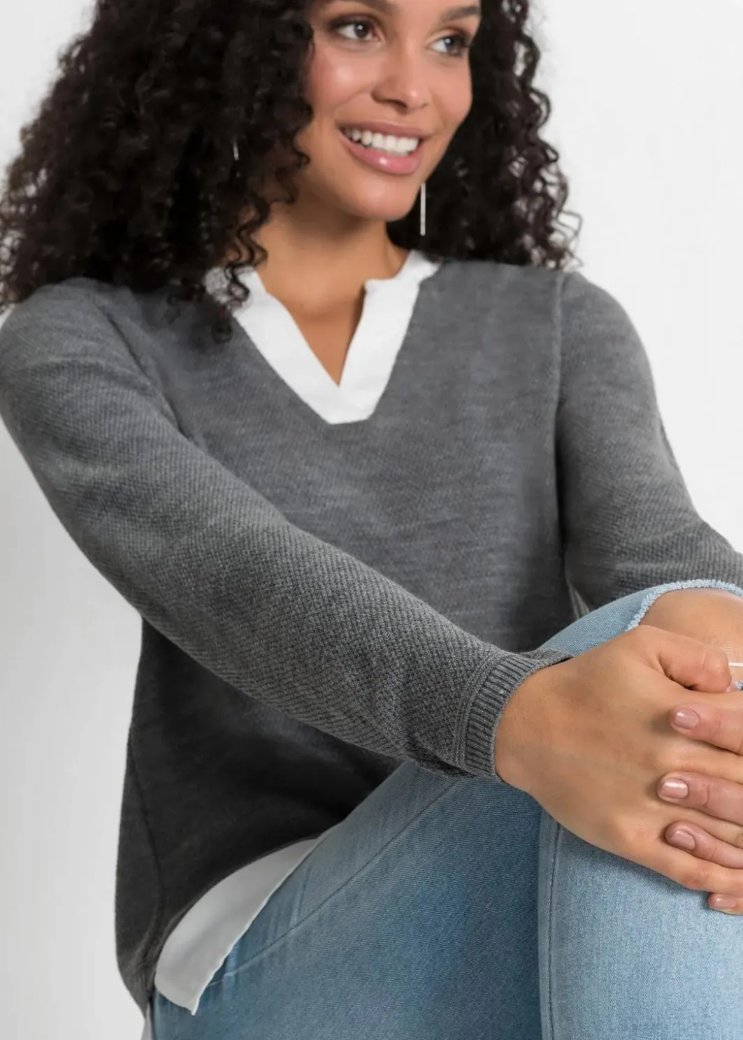 Damen bonprix Pullover & Strickjacken|Bekleidung·Jeans|Feinstrickpullover mit Bluseneinsatz