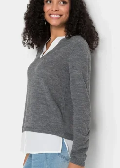 Damen bonprix Pullover & Strickjacken|Bekleidung·Jeans|Feinstrickpullover mit Bluseneinsatz