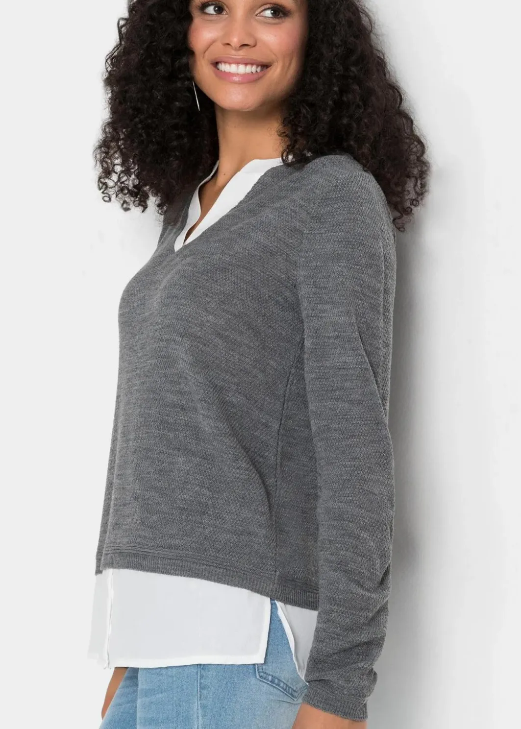 Damen bonprix Pullover & Strickjacken|Bekleidung·Jeans|Feinstrickpullover mit Bluseneinsatz