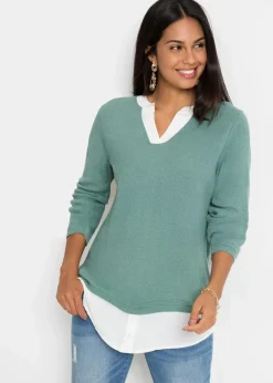 Damen bonprix Pullover & Strickjacken|Bekleidung·Jeans|Feinstrickpullover mit Bluseneinsatz